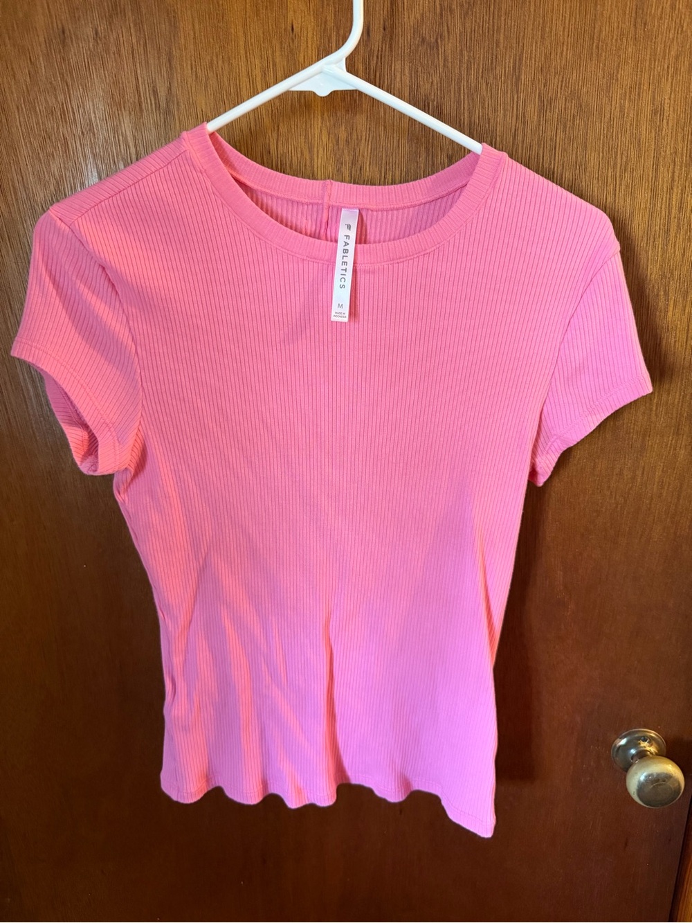 Fabletics Pink Ribbed Short Sleeve Crewneck Tee